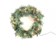 Light Up Christmas Wreath Artificial Pine Holly Berries Pine Cones Tested Works