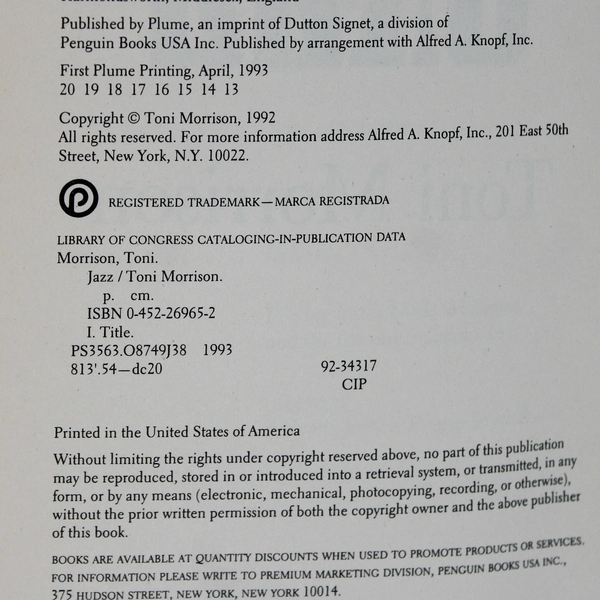 Jazz A Novel by Toni Morrison 1993 Paperback