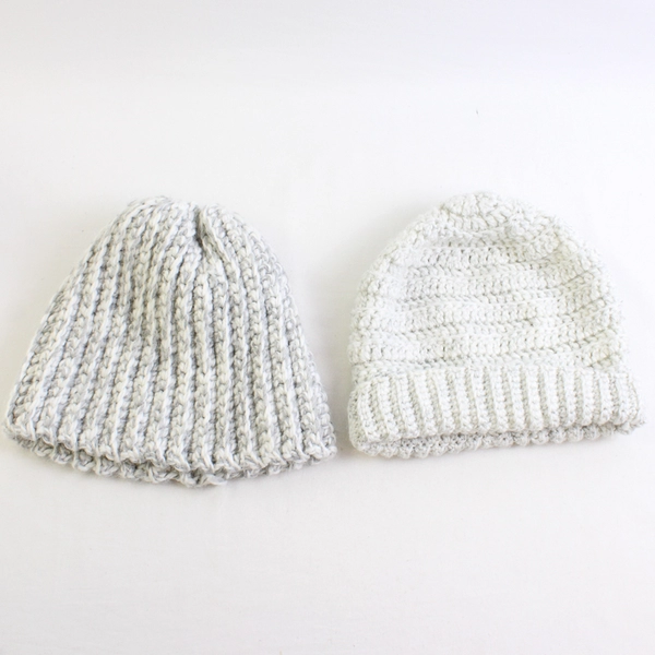 Lot of 2 Handmade Adult White Gray Crochet Beanies Warm Winter Hats