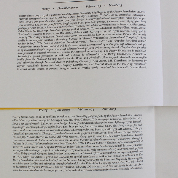 Lot of 4 Poetry Magazines March June October December 2009 Paperback