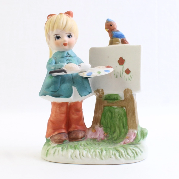 Vintage Lefton Girl Painting Figurine With 4" Tall Painted Porcelain
