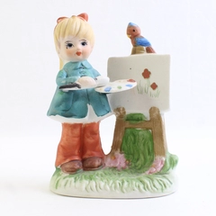 Vintage Lefton Girl Painting Figurine With 4" Tall Painted Porcelain