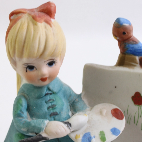 Vintage Lefton Girl Painting Figurine With 4" Tall Painted Porcelain