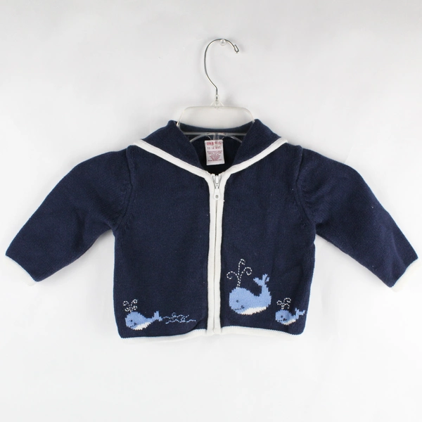 Gymboree Full Zip Hooded Sweater Navy Blue Whale Pattern Size 12-18 Months