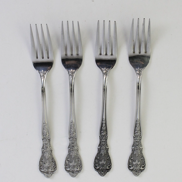Lot of 4 Merchandise Service Rose Pattern Stainless Salad Forks 6.5" Good