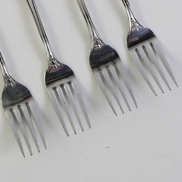 Lot of 4 Merchandise Service Rose Pattern Stainless Salad Forks 6.5" Good