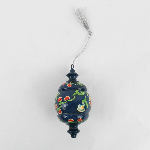 Hand-Painted Floral European Folk Art Blue Wooden Christmas Ornament