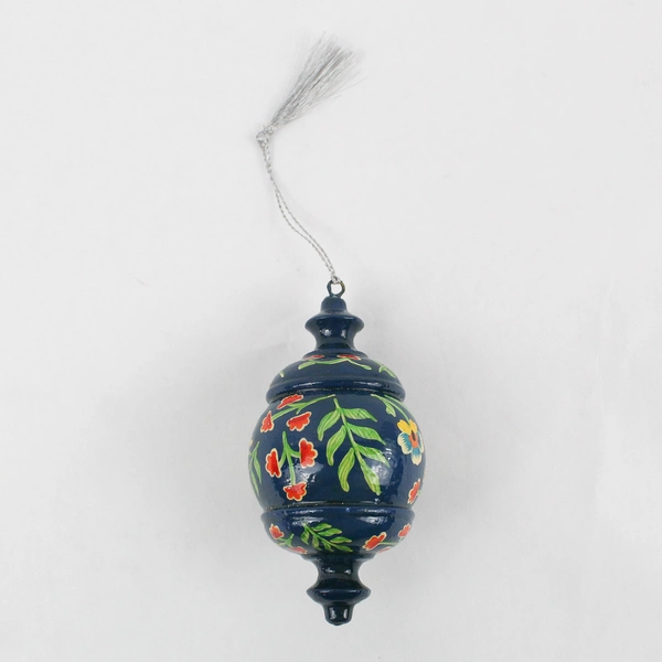 Hand-Painted Floral European Folk Art Blue Wooden Christmas Ornament