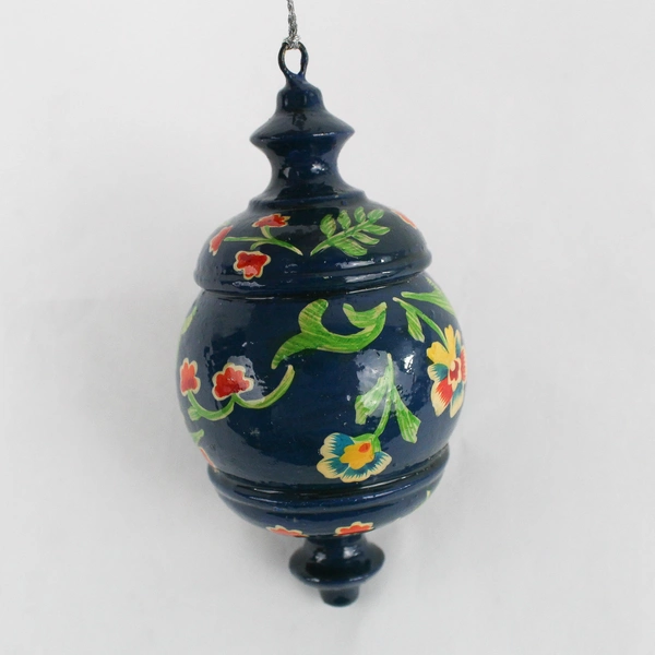 Hand-Painted Floral European Folk Art Blue Wooden Christmas Ornament