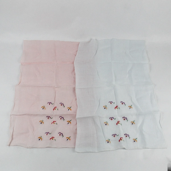 Set of 2 Floral Pansy Embroidered Pink and Blue Handkerchiefs FLAWED