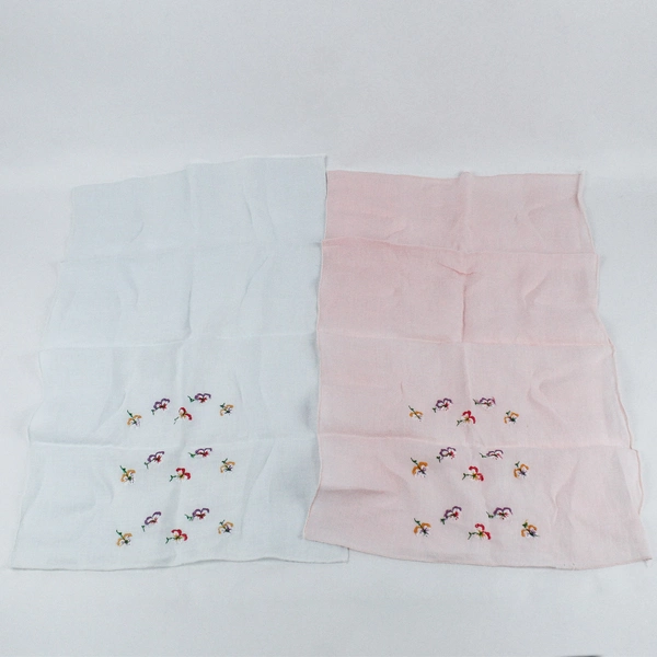 Set of 2 Floral Pansy Embroidered Pink and Blue Handkerchiefs FLAWED