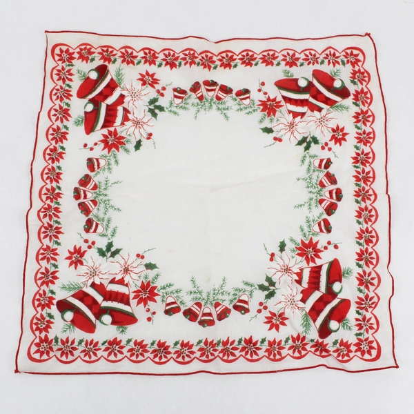 Vintage Christmas Bells and Poinsettias Handkerchief FLAWED