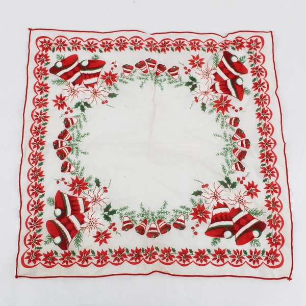 Vintage Christmas Bells and Poinsettias Handkerchief FLAWED