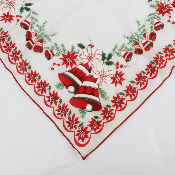 Vintage Christmas Bells and Poinsettias Handkerchief FLAWED