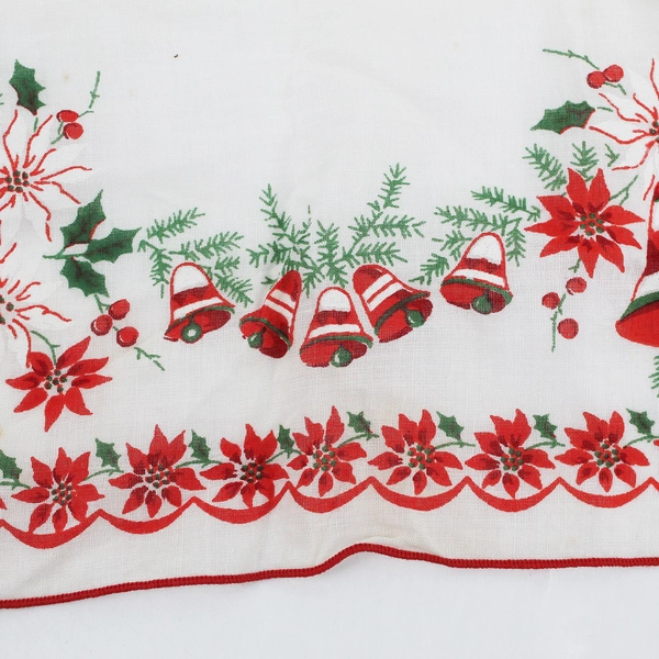 Vintage Christmas Bells and Poinsettias Handkerchief FLAWED