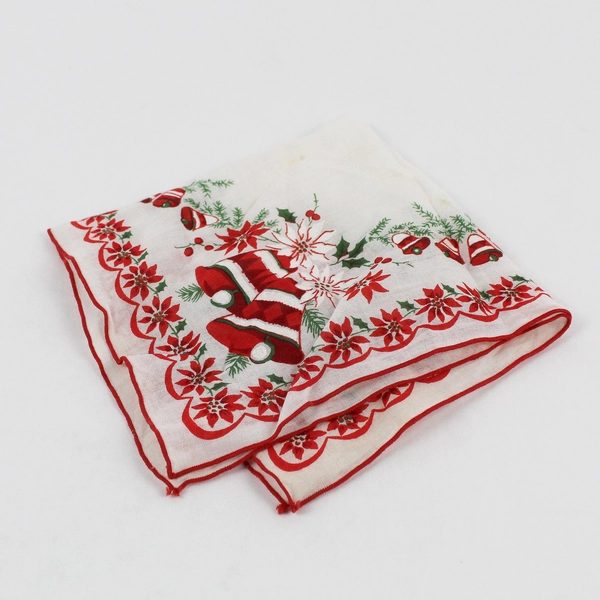 Vintage Christmas Bells and Poinsettias Handkerchief FLAWED