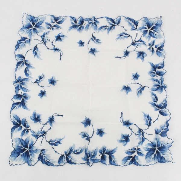 Women's Vintage White and Blue Leaf Print Handkerchief