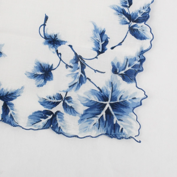 Women's Vintage White and Blue Leaf Print Handkerchief
