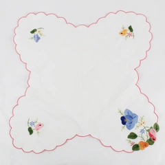 Vintage Floral Applique Scallop Edge White Cloth Bread Basket Liner