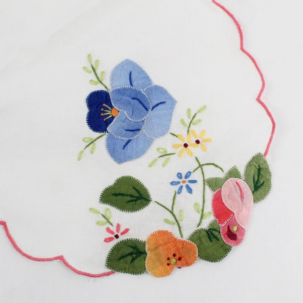 Vintage Floral Applique Scallop Edge White Cloth Bread Basket Liner