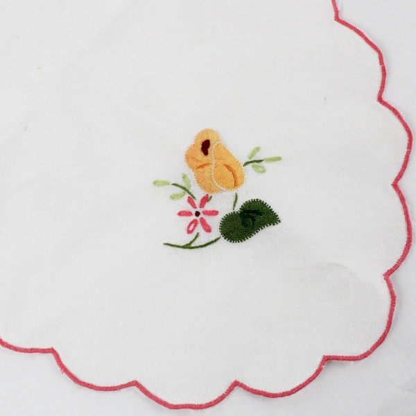 Vintage Floral Applique Scallop Edge White Cloth Bread Basket Liner