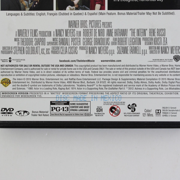 The Intern DVD, 2015 Warner Bros Robert DeNiro Comedy