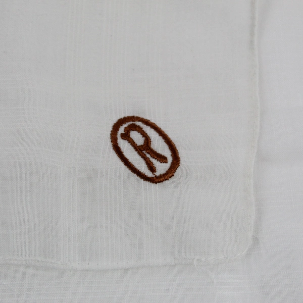 Vintage R Monogram Brown Embroidery On Sheer White Handkerchief