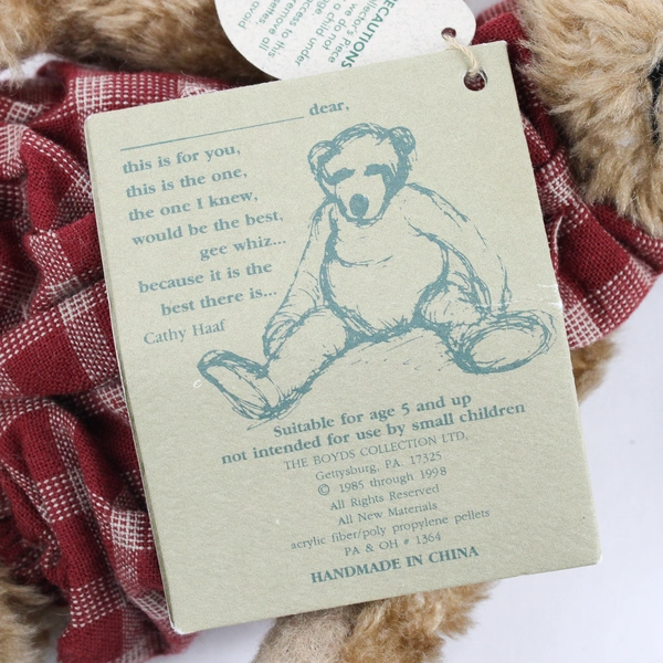 Boyds Bears Jointed Stuffed Animal Plush Toy Red Plaid Overalls 6"