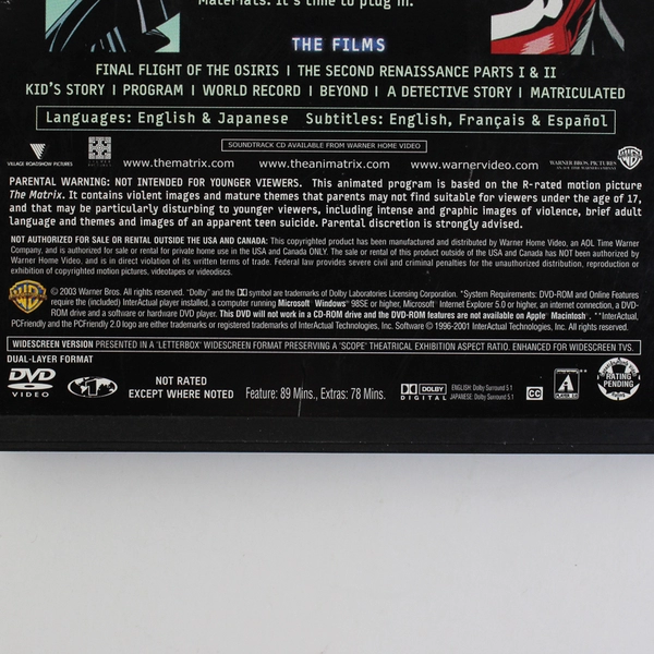The Animatrix DVD, 9 Short Films Exploring the Matrix, 2003 #37316