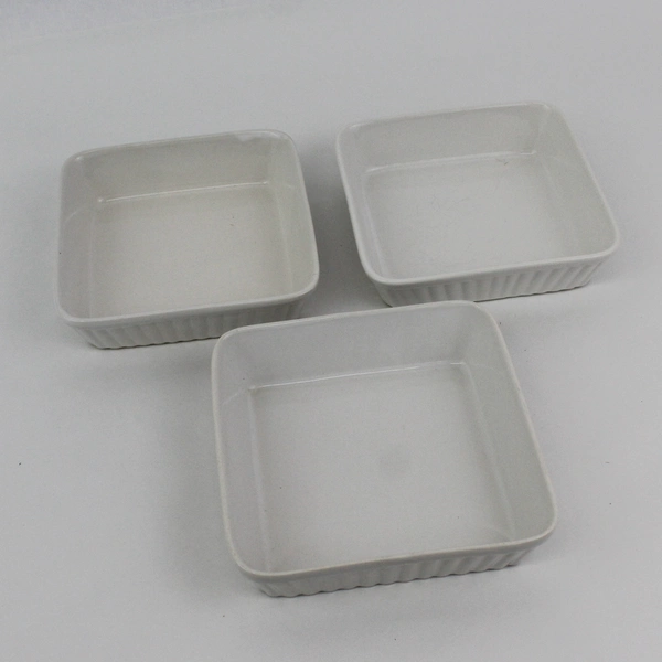 Set of 3 Oven Proof Square Ceramic 6" Bowls White With Ribbed Pattern