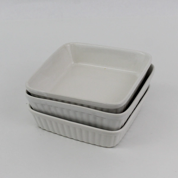 Set of 3 Oven Proof Square Ceramic 6" Bowls White With Ribbed Pattern