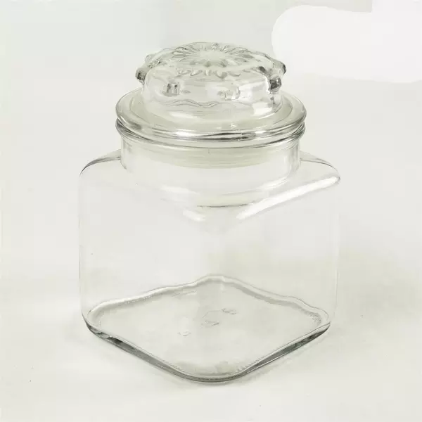 Vtg Anchor Hocking Square Clear Glass Apothecary Jar Canister Lid