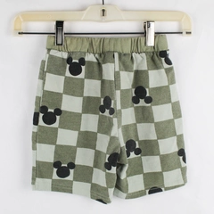 Disney Child's 6 Green Mickey Mouse Checkered Elastic Waist Shorts Cotton