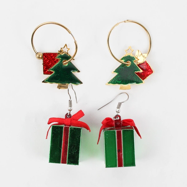 Lot of 2 Pairs of Christmas-Themed Charms Earrings Red and Green