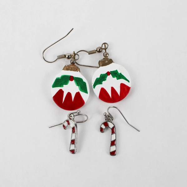 Lot of 2 Pairs of Christmas-Themed Charms Drop Earrings Bells and Candy Canes