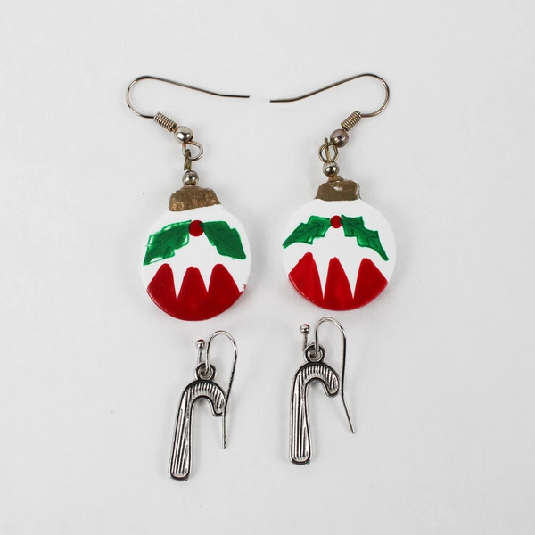 Lot of 2 Pairs of Christmas-Themed Charms Drop Earrings Bells and Candy Canes