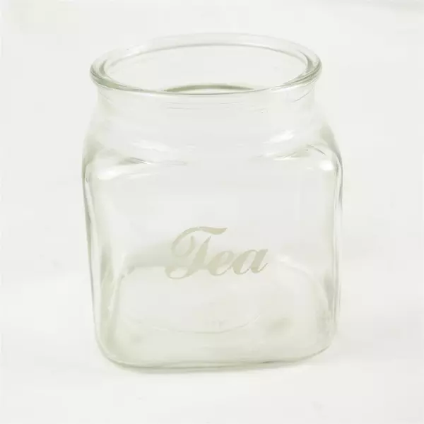 Square Clear Glass Tea Canister No Lid 'Tea' Inscribed