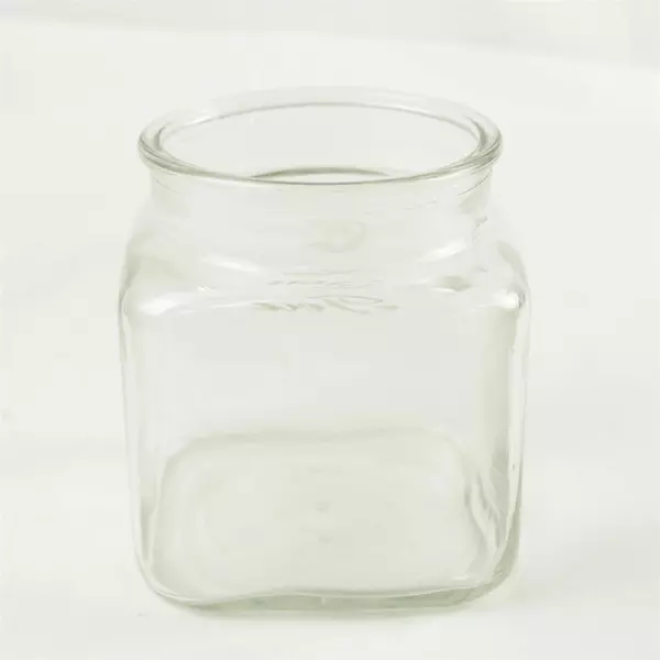 Square Clear Glass Tea Canister No Lid 'Tea' Inscribed