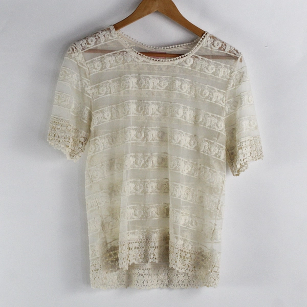 Hearts... Women's XL Ivory Lace and Mesh Sheer Short Sleeve Shirt