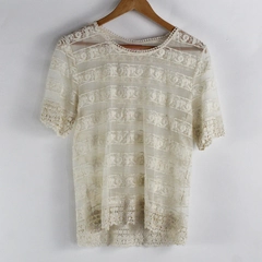 Hearts... Women's XL Ivory Lace and Mesh Sheer Short Sleeve Shirt