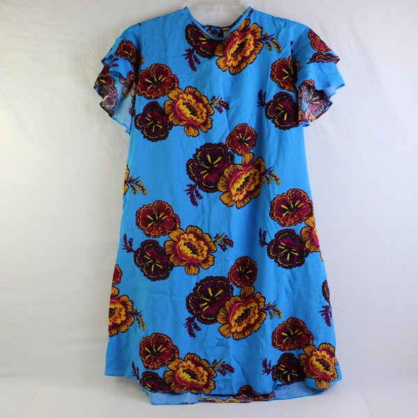 Papaya Women's 14 Blue Floral 100% Viscose Short Dress with Ruffle Short Sleeves