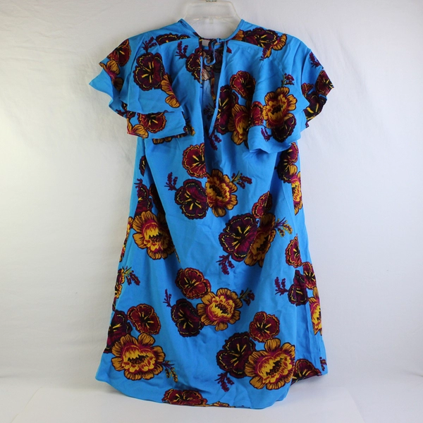 Papaya Women's 14 Blue Floral 100% Viscose Short Dress with Ruffle Short Sleeves