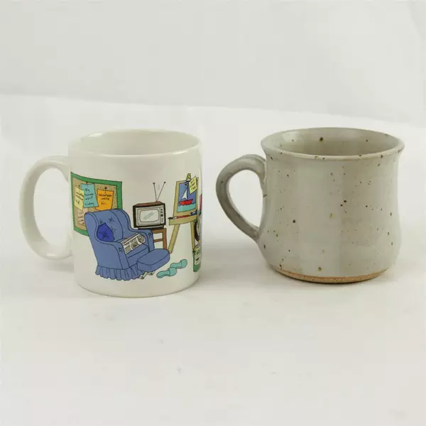 Lot of 2 Ceramic Coffee Mugs Taupe & White Retired 'Loving It'