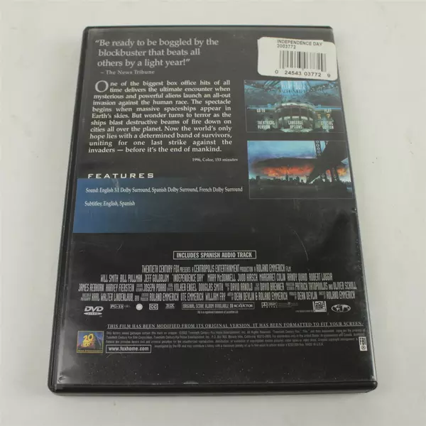 Independence Day DVD Full Screen Edition Pre-Owned Untested