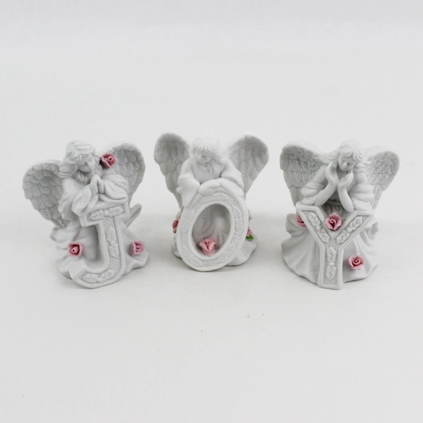 3 White Ceramic Angel Figurines With Pink Roses Spelling JOY 3.5"