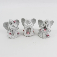 3 White Ceramic Angel Figurines With Pink Roses Spelling JOY 3.5"
