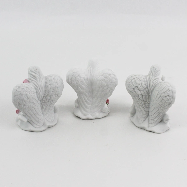 3 White Ceramic Angel Figurines With Pink Roses Spelling JOY 3.5"