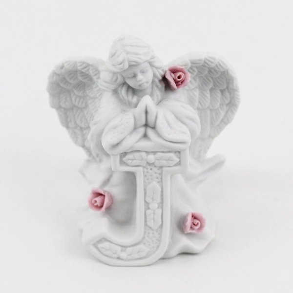 3 White Ceramic Angel Figurines With Pink Roses Spelling JOY 3.5"