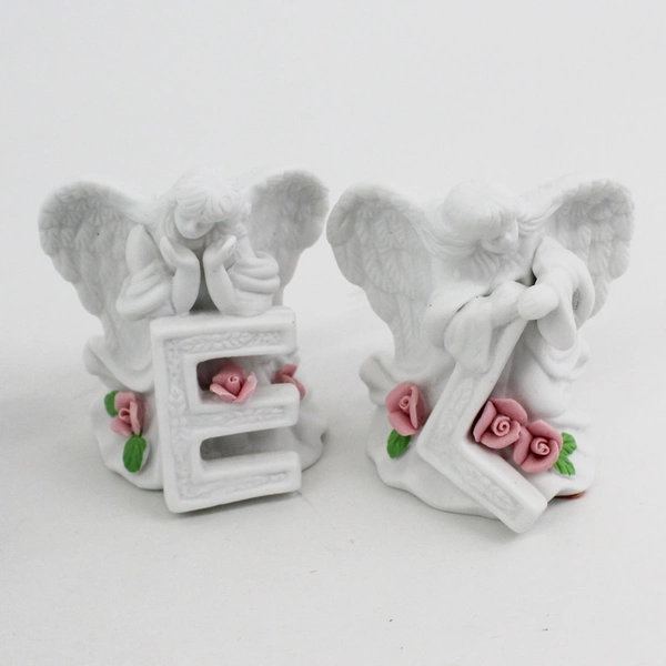 4 Piece White Ceramic Angel Figurines With Pink Roses Spelling NOEL 3.5"