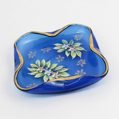 Vintage Cobalt Blue Hand-Painted Hand-Blown Glass Floral Trinket Dish